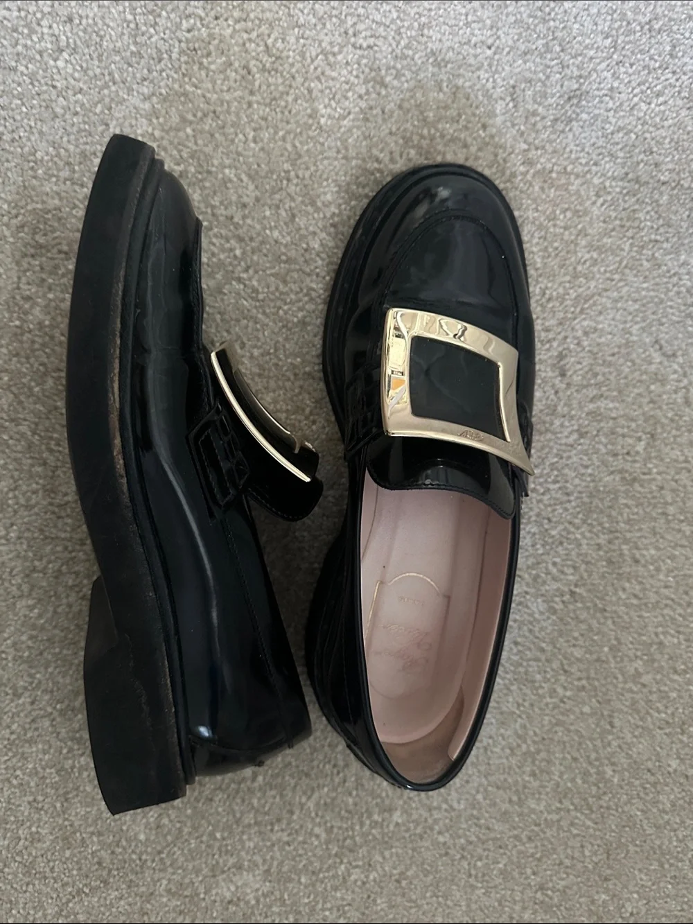 Roger Vivier Black Patent Leather Loafers with Gold Buckle